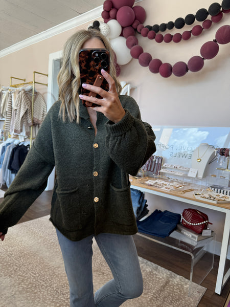 Gold button olive knit cardigan