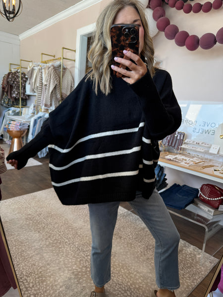 Striped Turtleneck Oversized Sweater - black