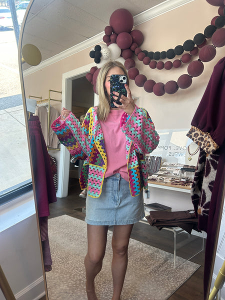 Crochet long sleeve cardigan - multi