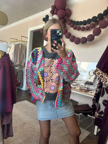 Crochet long sleeve cardigan - multi