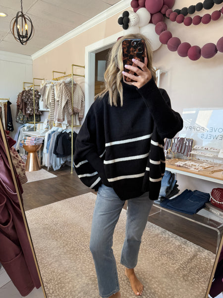 Striped Turtleneck Oversized Sweater - black