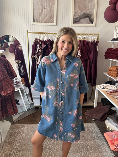 Denim Floral Shirt Dress