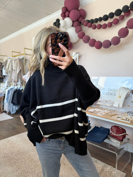 Striped Turtleneck Oversized Sweater - black