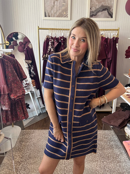 Striped sweater dress - Navy and camel