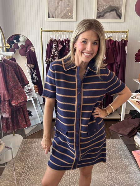 Striped sweater dress - Navy and camel