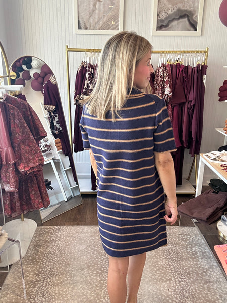 Striped sweater dress - Navy and camel