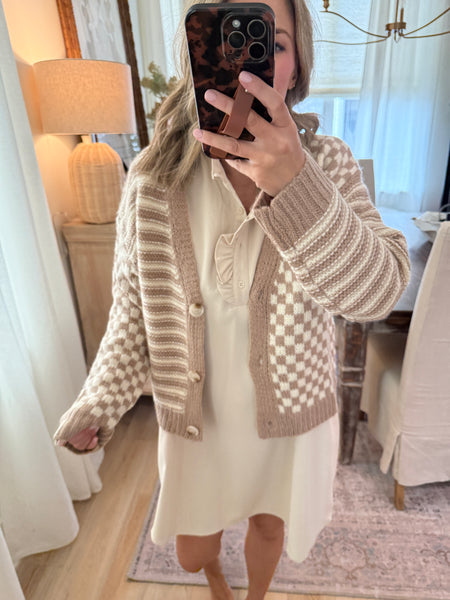 Checker and Stripe Cardigan - taupe