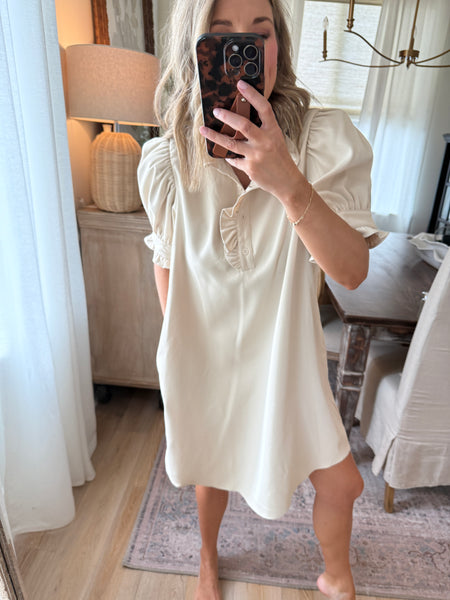 Cream Ruffle Neck Dress