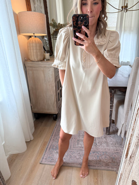 Cream Ruffle Neck Dress