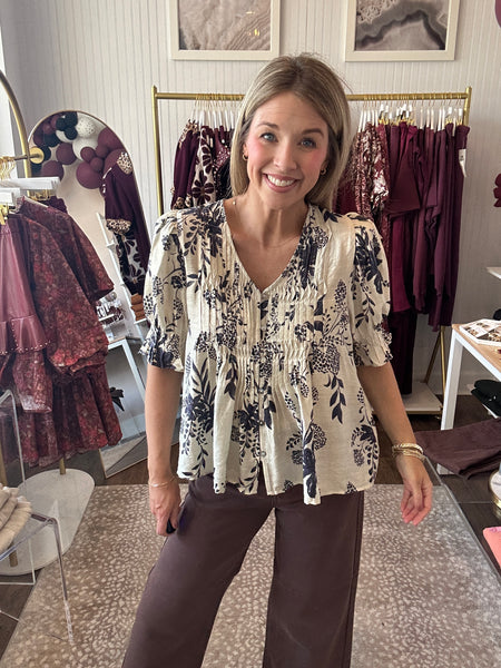 Floral pintuck blouse - navy