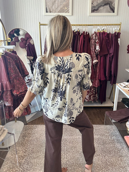 Floral pintuck blouse - navy
