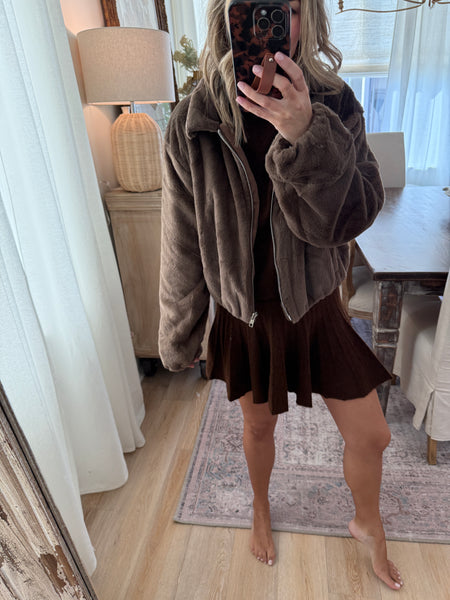 Zip Up Brown Fur Jacket