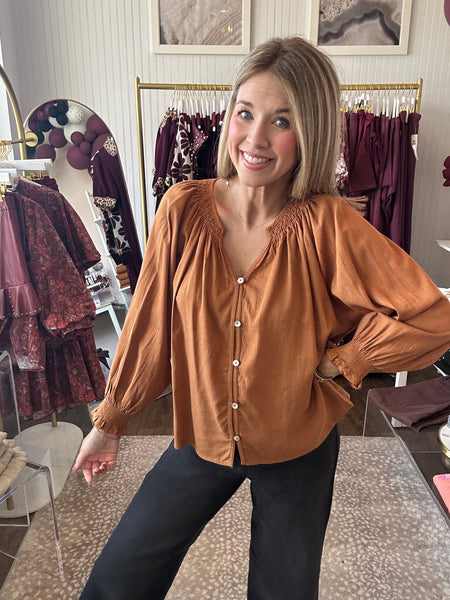 Drop shoulder blouse with smocked cuff