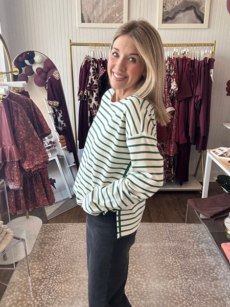 Stripe Knit Top with Contrast Side Stripes - Green