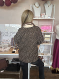 Leopard puff sleeve half-zip top
