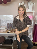 Leopard puff sleeve half-zip top
