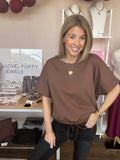 Drawstring hem top short sleeve-coffee