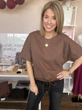 Drawstring hem top short sleeve-coffee