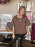 Drawstring hem top short sleeve-coffee