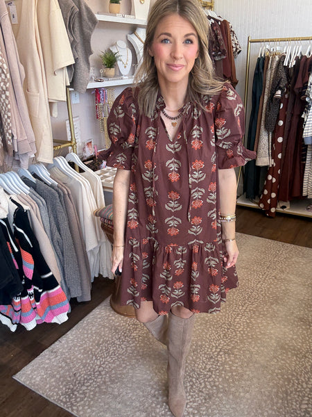 Brown puff sleeve floral dress