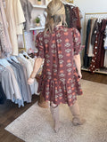 Brown puff sleeve floral dress