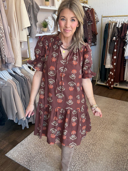 Brown puff sleeve floral dress
