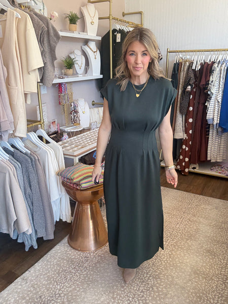 Dark Green cap sleeve midi dress