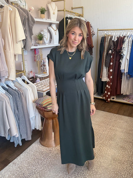 Dark Green cap sleeve midi dress