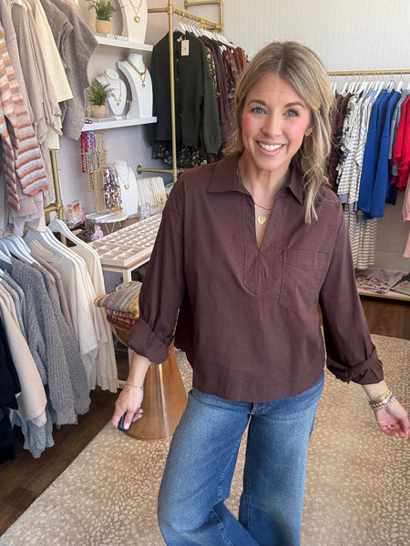 Brown popover shirt with spread collar