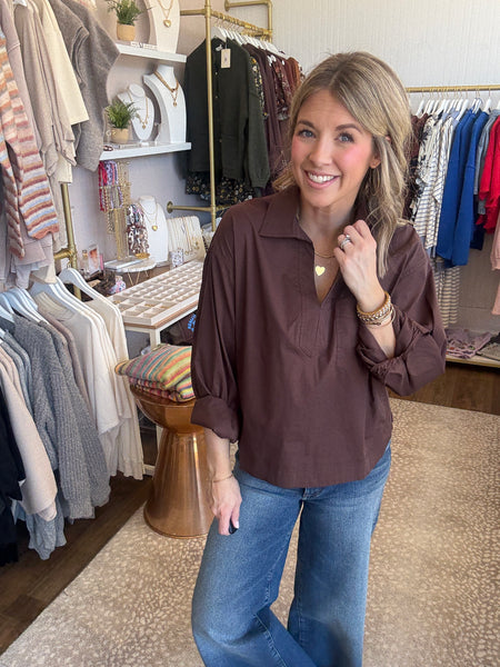 Brown popover shirt with spread collar