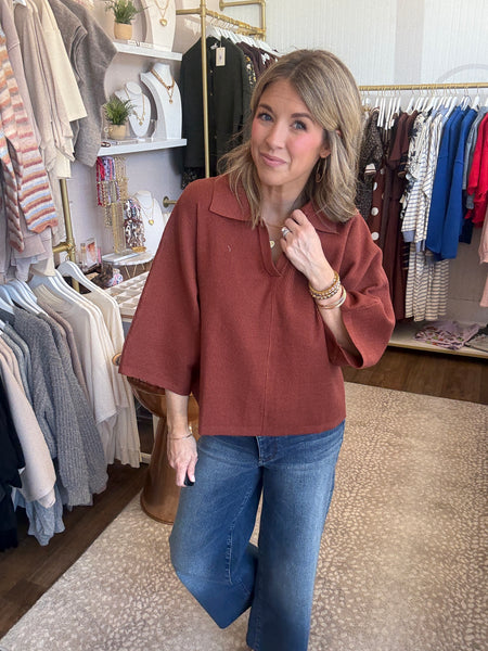 V neck collared top - rust