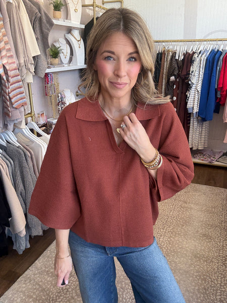V neck collared top - rust