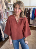 V neck collared top - rust