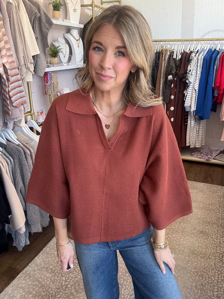 V neck collared top - rust