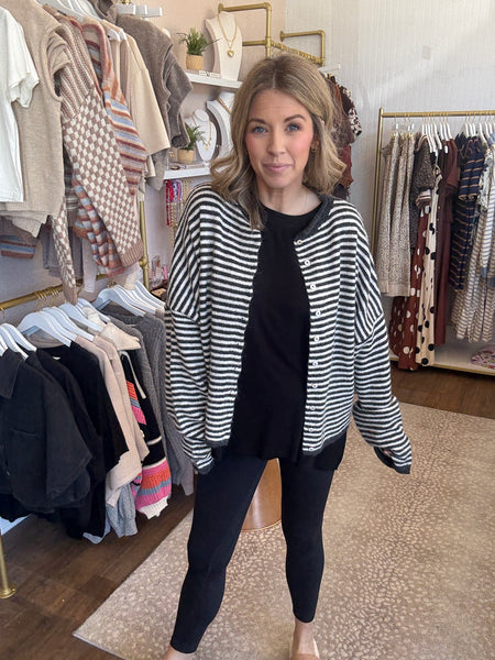 Piper Cardigan - Charcoal and White Mini Stripes