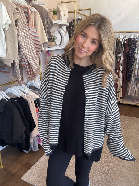 Piper Cardigan - Charcoal and White Mini Stripes