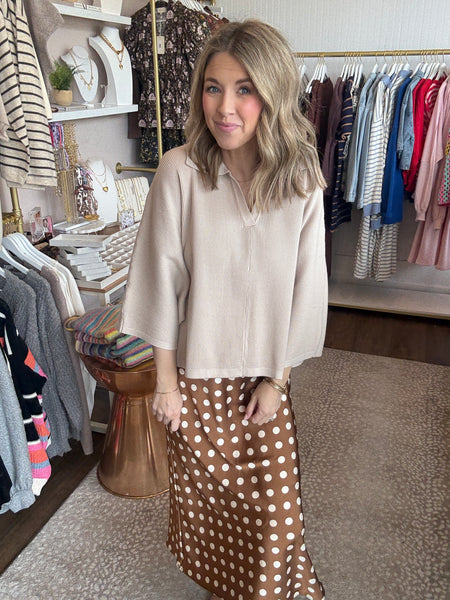V neck collared top - stone