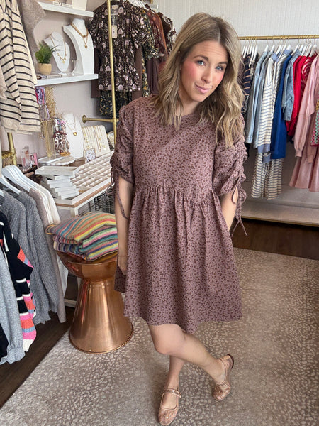 Brown ditsy floral swing dress