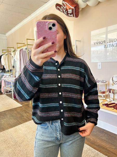 Black Multi Stripe Rolled Edge Cardigan
