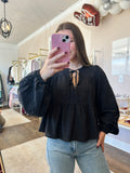 Black Tie-Front Peplum Blouse