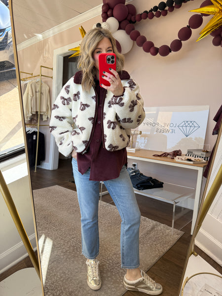 Maroon bow sherpa jacket