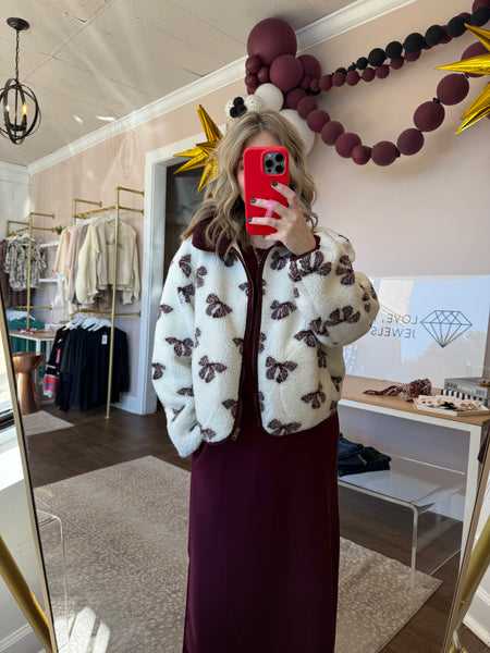 Maroon bow sherpa jacket