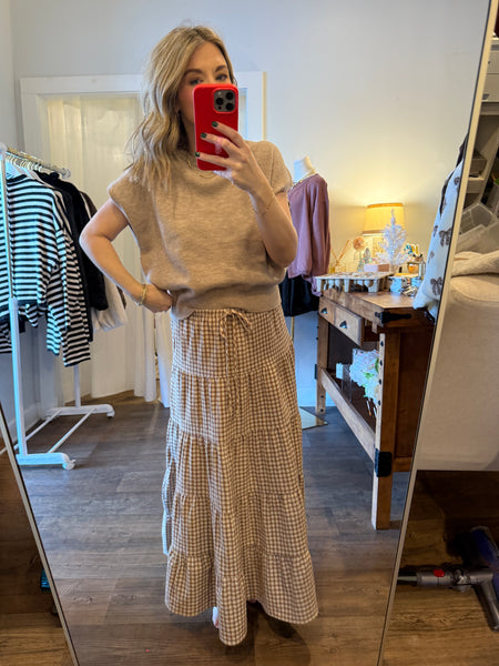 Brown Gingham Tiered Skirt