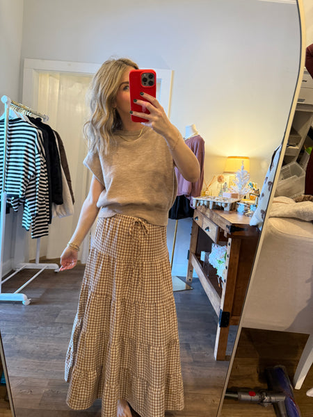 Brown Gingham Tiered Skirt