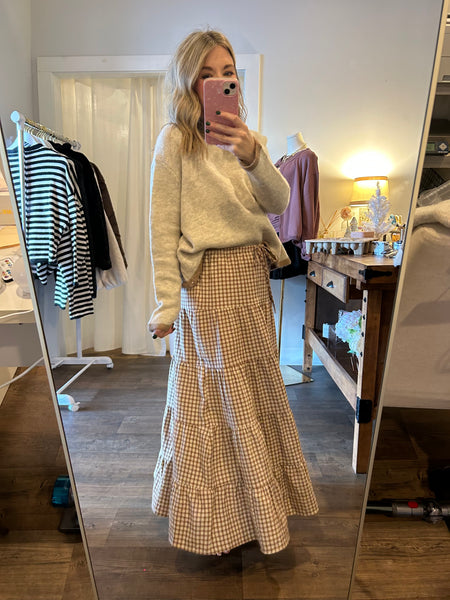 Brown Gingham Tiered Skirt