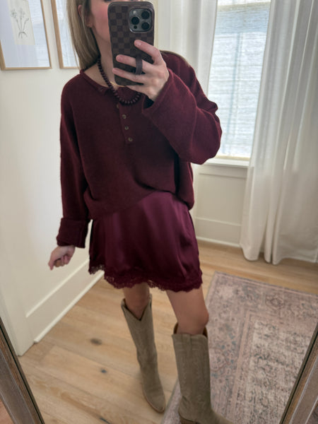 Maroon Raw Rolled Edge Henley