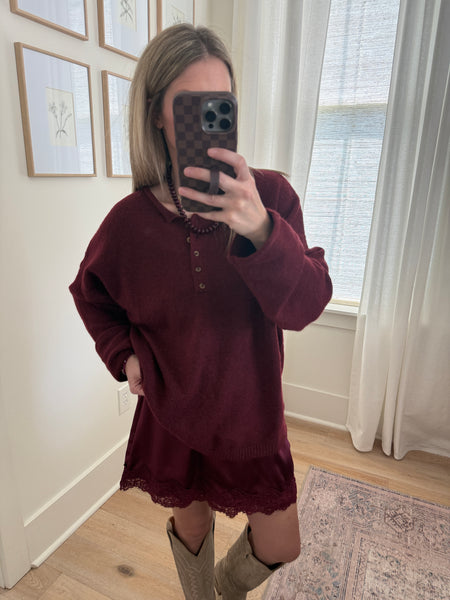 Wine Satin Lace Trimmed Skirt