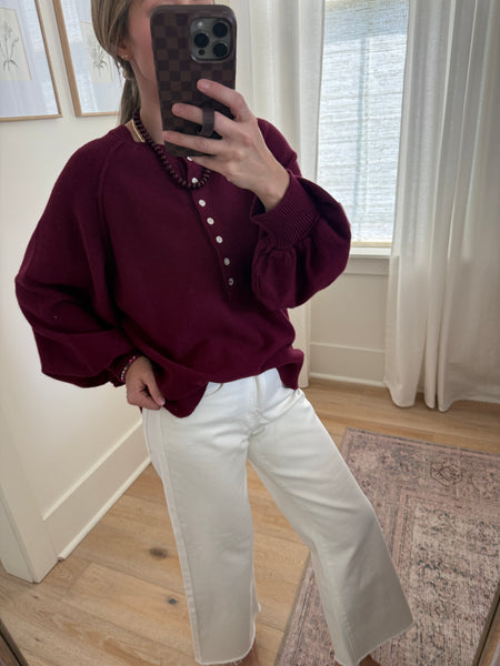 Maroon Henley Balloon Sleeve Top