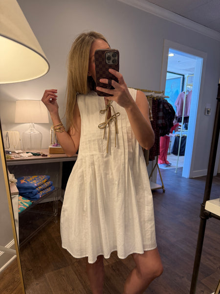White Pleated Bow Detail Dress