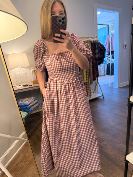 Red Bean Gingham Midi Dress